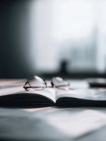 Gentle sunlight filters through a window, illuminating an open book and a pair of glasses, evoking tranquility and inviting moments of quiet thought.の写真素材
