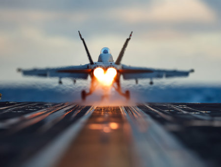 A sleek combat aircraft erupts into the sky as its afterburners blaze vividly against a fiery sunset, launching powerfully from a naval vessel amid a dramatic, high-の写真素材