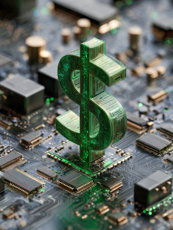 A vibrant green, semi-transparent currency icon blended with intricate microchip patterns atop a complex circuit framework, embodied modern digital economy and innoの写真素材