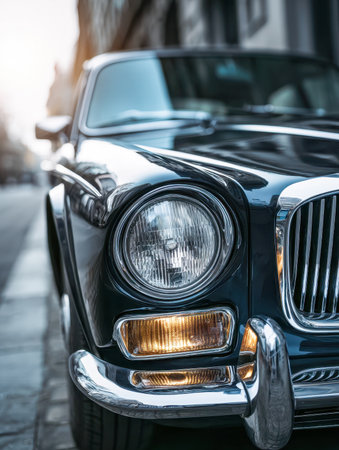 A sleek, glossy black vintage automobile's front grille showcases a timeless round headlamp and gleaming chrome bumper, mirroring a lively city street on a bright day.の写真素材