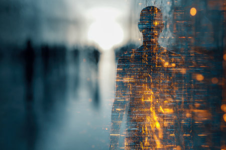 A sleek figure stands against a neon-lit cityscape, illuminated by luminous digital pathways that depicts the seamless integration of humanity and next-gen tech.の写真素材