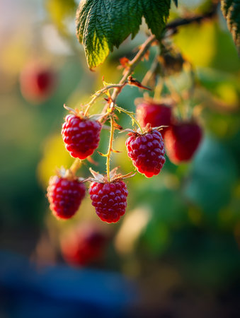 Bright red berries cluster gently amidst lush greenery, basking in golden sunlight, capturing a serene early morning garden scene filled with natural freshness.の写真素材