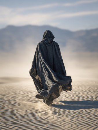 A solitary traveler in a sweeping black mantle strides across glowing golden dunes, with distant peaks rising beneath a gentle azure sky, evoking mystery and serenityの写真素材