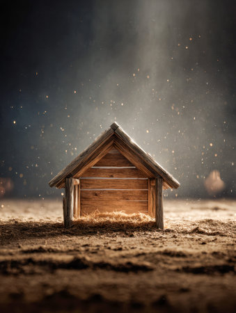 A cozy, weathered wooden shelter bathes in gentle, amber glow, with shimmering dust flecks drifting through warm ambient air on a textured earthy floor.の写真素材