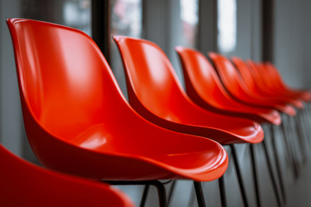 A sleek lineup of vivid orange chairs dominates a airy, minimalist interior illuminated by gentle daylight streaming through expansive windows, evoking a lively andの写真素材