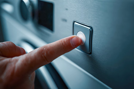 A hand poised to initiate operation on a sleek, contemporary stainless steel kitchen device, signaling the start of culinary creativity within a cozy home environmenの写真素材