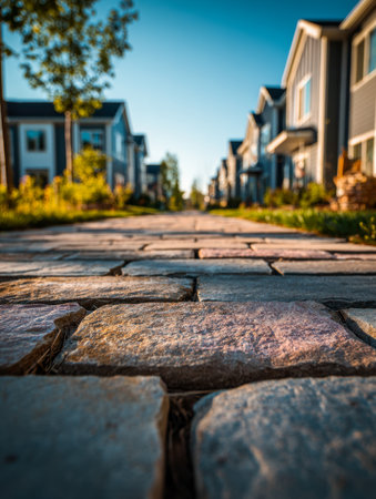 A detailed shot of a textured stone walkway winding through a peaceful suburb, illuminated by warm afternoon sunlight amidst lush gardens and contemporary homes.の写真素材