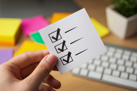 A focused hand presents a finalized task list amid a vibrant workspace, highlighting effective planning and efficient workflow management.の写真素材