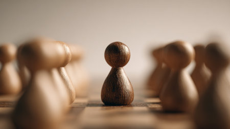 Wooden tokens organized in a deliberate pattern on a neutral background, representing strategic planning, competitive moves, and leadership dynamics.の写真素材
