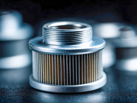 A close-up of a shiny metal engine oil filter featuring a threaded connector and intricately folded filtering medium, essential for vehicle upkeep and engine safeguaの写真素材