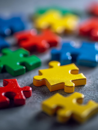 Brightly hued puzzle fragments are artfully scattered on a neutral gray background, creating an energetic and imaginative display of primary colors in a lively patteの写真素材