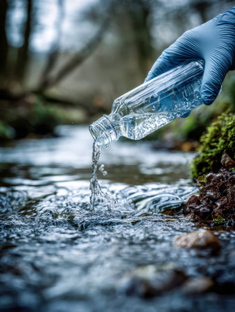 A gloved hand carefully releases pristine water into a forest stream, highlighting conservation practices and the importance of protecting natural water sources.の写真素材
