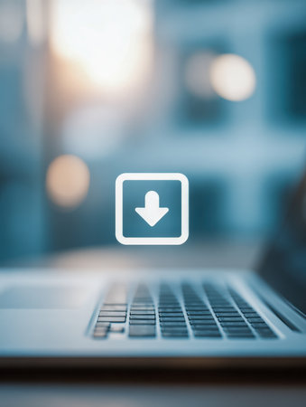 A sleek laptop keyboard illuminated by gentle lighting, with a luminous download symbol hovering overhead, conveying seamless data transfer or software setup.の写真素材