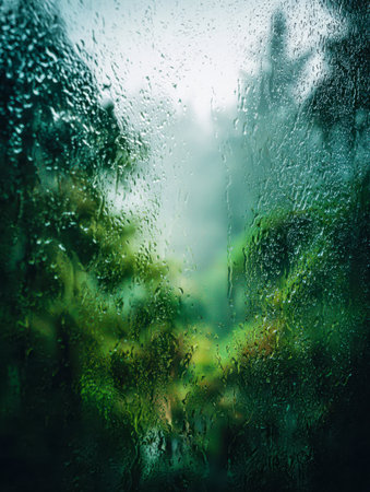 Soft raindrops blur vibrant leaves beyond, evoking tranquility and a gentle, misty ambiance that immerses viewers in peaceful natural surroundings.の写真素材