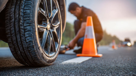 A focused individual swaps a wheel beneath a warm sunset glow, with vibrant safety markers outlining the scene on a paved edge, set against a softly blurred backdropの写真素材