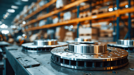 Shiny circular brake components move along a streamlined assembly line in a contemporary factory setting, with neatly arranged storage units softly blurred in the baの写真素材