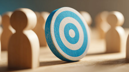 Wooden figures encircle a blue and white target, representing collective focus, strategic alignment, and shared objectives in collaborative efforts.の写真素材