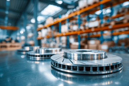 Precision-engineered cooling components rest on a sleek metal surface, with a backdrop of organized storage and industrial shelving in a contemporary warehouse settiの写真素材