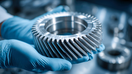 A gloved hand carefully grasping a shiny metal gear, emphasizing meticulous craftsmanship and high-quality engineering amid a precision workshop environmentの写真素材