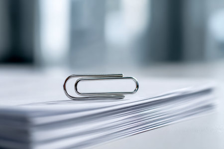A sleek metallic clip secures a tidy pile of pristine documents, resting on a polished surface with a softly blurred corporate backdrop.の写真素材