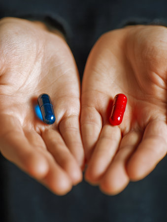 A hand presenting contrasting capsule pills?vivid crimson and deep cobalt?each nestled in open palms, set against a softly blurred backdrop, embodying a moment of deの写真素材