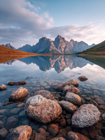 Tranquil peaks mirror in calm waters, framed by jagged stones, under a gentle, cloud-draped sky as warm golden light bathes untouched wilderness.の写真素材