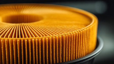 An intricate close-up reveals a vibrant orange, pleated filter membrane encased within a sturdy metallic ring designed, highlighting its textured surface for preciseの写真素材