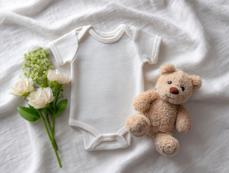 A gentle memento of new beginnings featuring a plush teddy, tender white blossoms, and a cozy fabric backdrop, perfect for celebrating a newborn's arrival.の写真素材