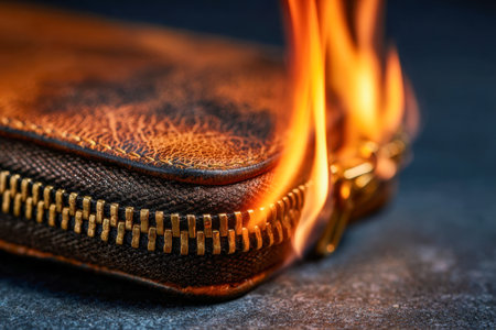 A textured leather wallet with a sturdy metal closure blazes vibrant orange, contrasting sharply against a dark background to evoke themes of monetary peril and urgeの写真素材