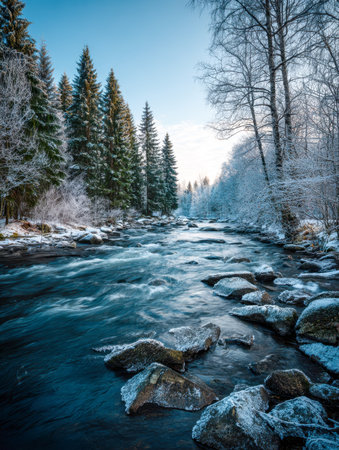 A tranquil river means through a winter woodland, edged by icy stones and frosted branches, under a crisp, azure sky evoking calm and quiet beauty.の写真素材