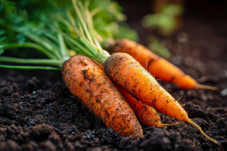 Vibrant orange roots bask in earthy embrace, their lush green foliage contrasting against the deep, fertile soil in a peaceful garden scene illuminated by natural daの写真素材