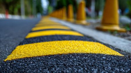 A vibrant yellow and black curb juts upward from rough asphalt, with out-of-focus traffic cones hinting at a controlled zone, emphasizing safety measures and trafficの写真素材