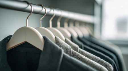 Slim-fitting coats and blazers in neutral tones hang neatly on wooden hangers, illuminated by soft sunlight in a sleek, contemporary wardrobe setting.の写真素材