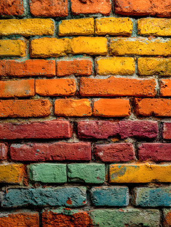 A lively mosaic of painted bricks in bold hues of yellow, orange, red, green, and blue, forming an energetic and eye-catching urban backdrop.の写真素材