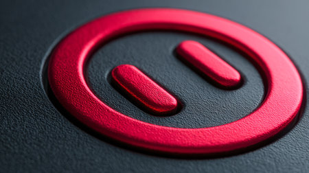 An intricate close-up reveals a vivid red emblem with embossed design, set against a textured dark background, capturing the essence of modern device interfaces.の写真素材