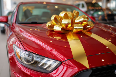 A stunning crimson sports car adorned with a glaming gold wrapping bow, positioned in a vibrant showroom enhanced by an array of sleek vehicles.の写真素材