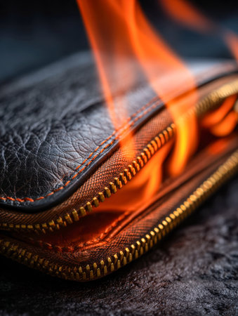 A detailed view of a leather accessory with a shining gold zipper, surrounded by intense orange flames, representing urgent financial crises or unexpected money worries.の写真素材
