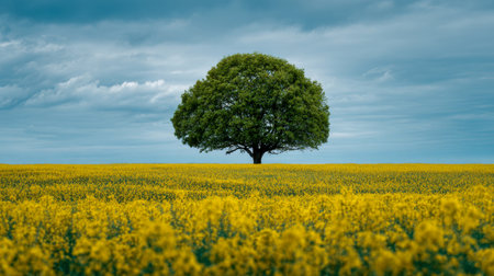 A solitary emerald tree rises amidst a sea of bright yellow blossoms, beneath a moody, cloud-filled sky that adds depth to the rustic countryside scene.の写真素材