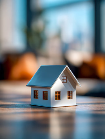 A miniature white house with a vibrant blue roof rests on a wood grain surface, illuminated by gentle sunlight, evoking a warm, inviting indoor atmosphere.の写真素材