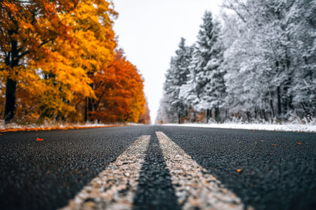 A scenic rural pathway divides vivid fall colors from frosty winter growth, highlighting seasonal transformation and diverse natural textures in a tranquil setting.の写真素材