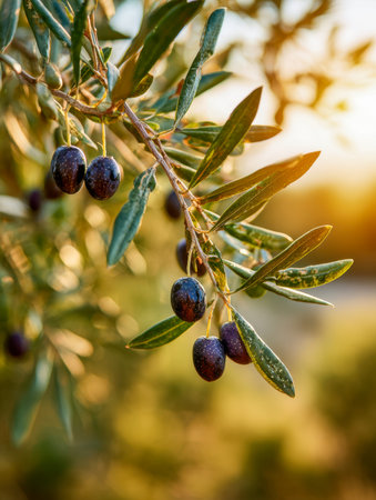 Sun-drenched olive branches laden with dark, ripe fruit and lush foliage bask in the warm glow of the golden hour, evoking a tranquil orchard scene at dawn or dusk.の写真素材