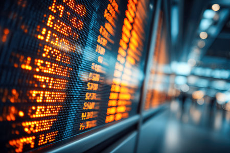 A sleek orange led display showing flight details in a contemporary airport scene, with motion-blurred travelers and a modern, busy atmosphere.の写真素材