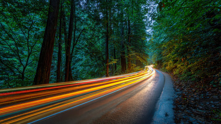 A mesmerizing scene of streaking lights weaving through a twisting forest pathway, encased by grand trees as dusk casts a vibrant, enchanting glow over nature.の写真素材