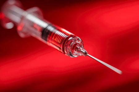An extreme close-up reveals a glass syringe poised with a tiny droplet at the needle's tip, set against a striking red backdrop that emphasizes meticulous precisionの写真素材