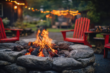 A charming backyard nook features a flickering fire pit encircled by vibrant red wooden chairs, bathed in the gentle glow of string lights, perfect for an intimate eの写真素材