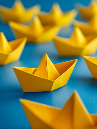 Vibrant yellow paper vessels are meticulously positioned on a sleek blue background, forming a lively maritime scene that emphasizes the detailed craft in the forefrの写真素材