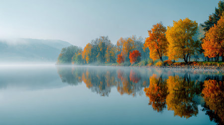 Tranquil waters mirror a burst of fall colors, with gentle morning fog drifting and distant peaks blending into a peaceful azure sky.の写真素材