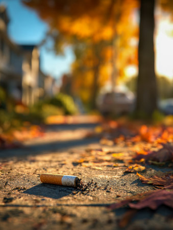A solitary cigarette stub softly radiates in the sunlight amid a scatter of vibrant autumn foliage on a quiet neighborhood street, evoking a serene fall afternoon atの写真素材