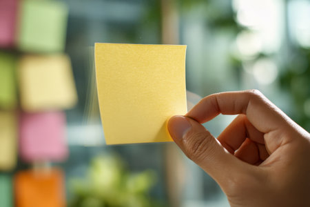 A person affixes a vibrant yellow note onto a transparent surface, surrounded by diverse colorful reminders, with a softly blurred outdoor scene in an inspiring offiの写真素材