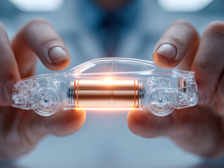 A pair of hands gently cradle a see-through vehicle model, revealing a glowing battery symbol that embodies sustainability and cutting-edge transport technology.の写真素材